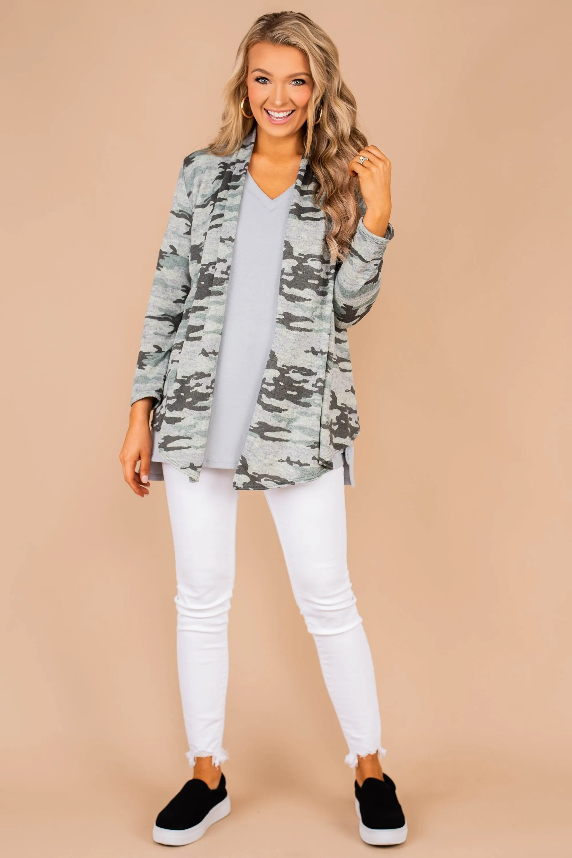 Feel The Vibes Olive Green Camo Cardigan