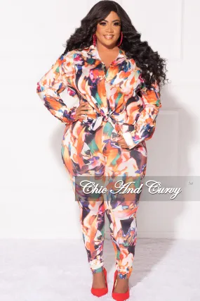 Final Sale Plus Size 2pc Button Up Shirt and Pants Set in Multi Color DaVinci Print