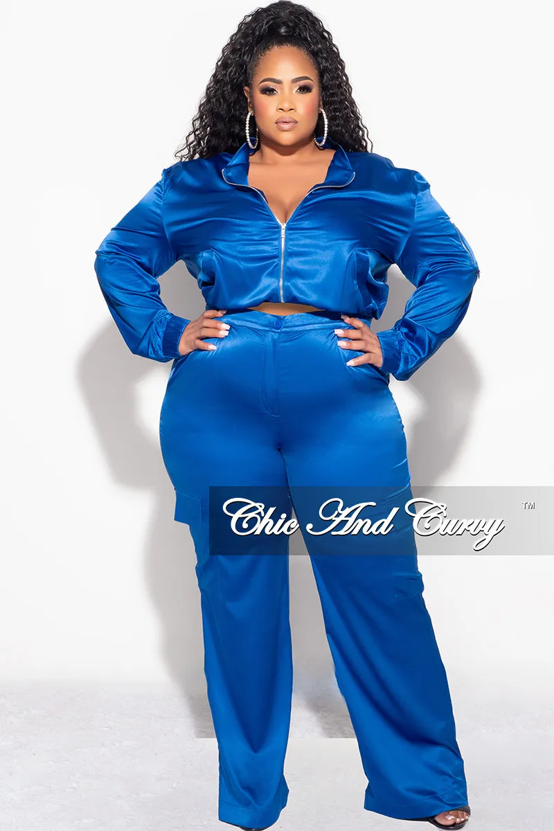 Final Sale Plus Size 2pc Sleek Bomber Jacket and Pants Set in Royal Blue