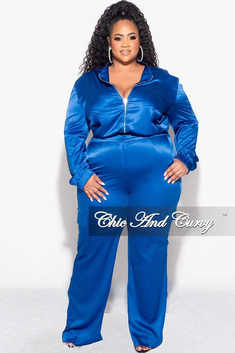 Final Sale Plus Size 2pc Sleek Bomber Jacket and Pants Set in Royal Blue