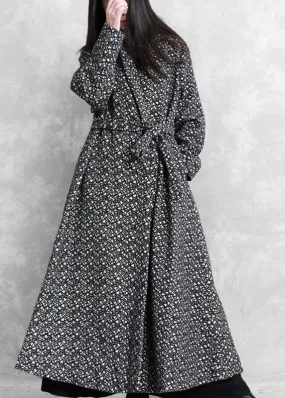 fine oversized long jackets outwear black plaid v neck tie waist wool coat