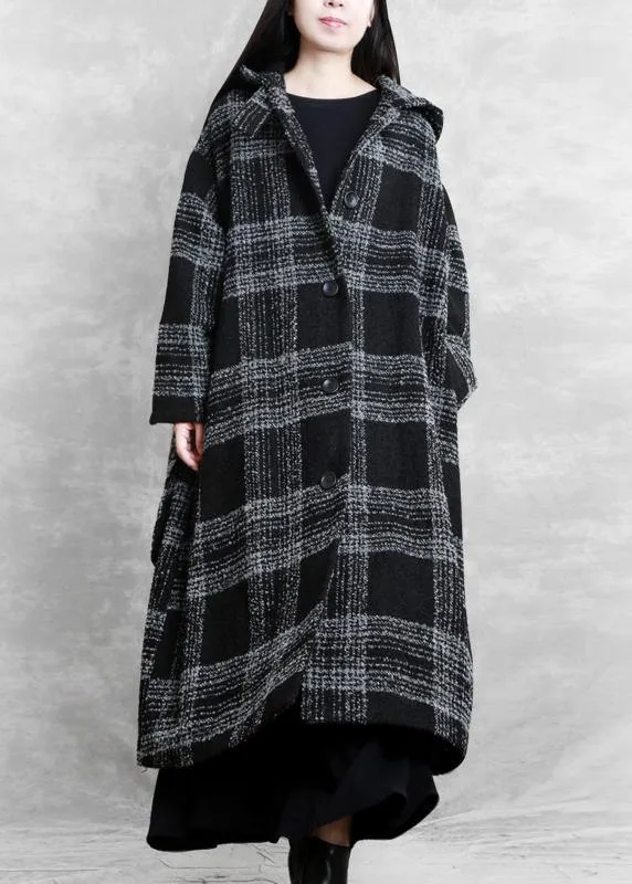 fine plus size clothing Winter coat outwear black plaid hooded patchwork Woolen Coats