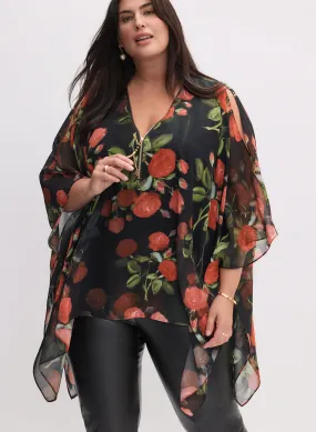 Floral Print Chiffon Poncho