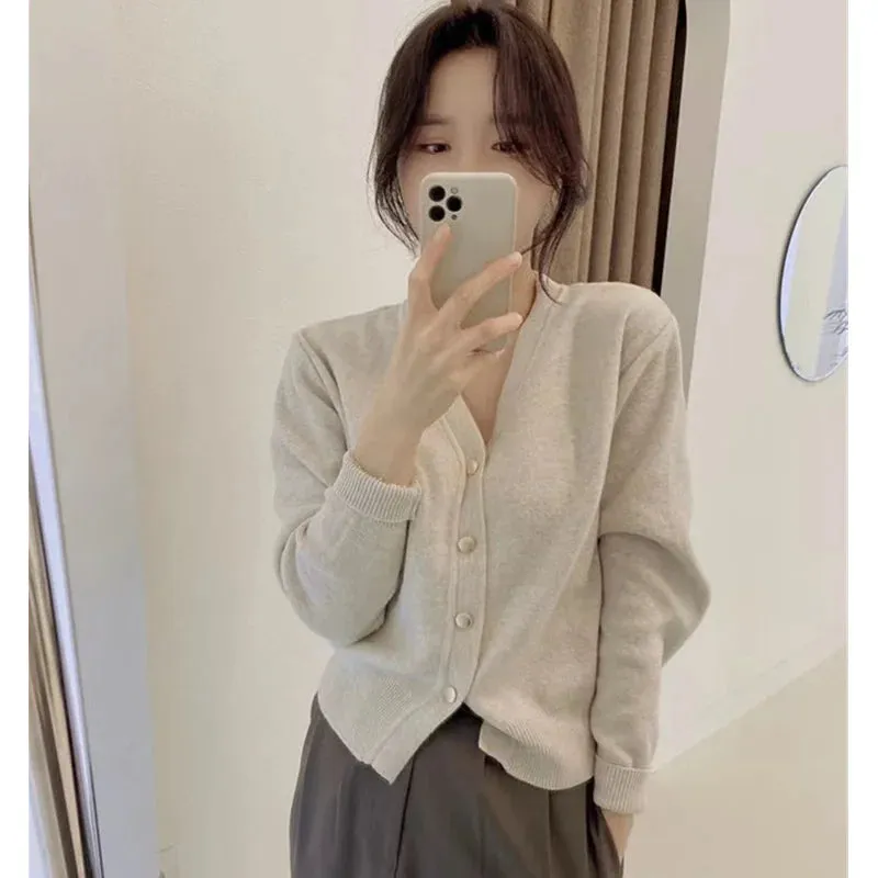 Flytonn-Cashmere knit cardigan feminine soft waxy V-neck sweater coat spring and autumn loose coat Korean sweater outside