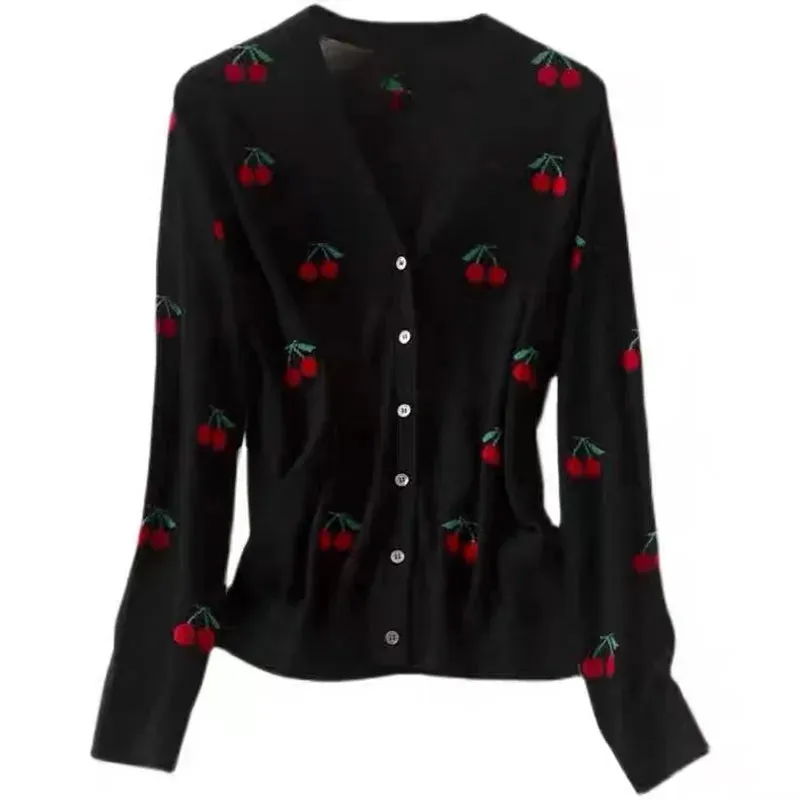 Flytonn-Fashion all-match embroidered cherry cashmere cardigan spring and Autumn women's new bottom sweater sweater loose wool coat