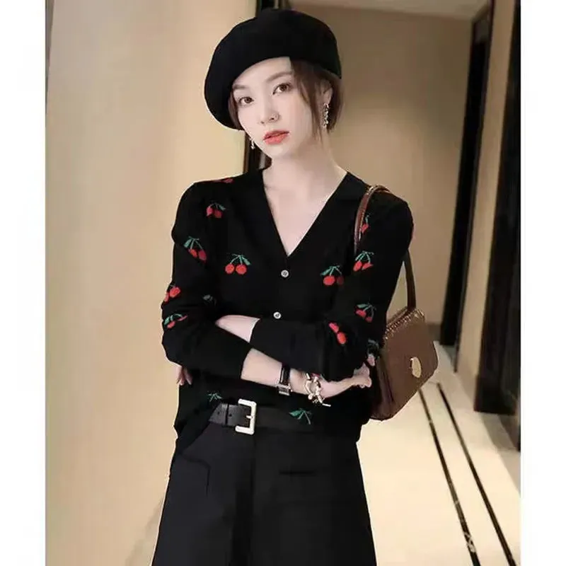 Flytonn-Fashion all-match embroidered cherry cashmere cardigan spring and Autumn women's new bottom sweater sweater loose wool coat