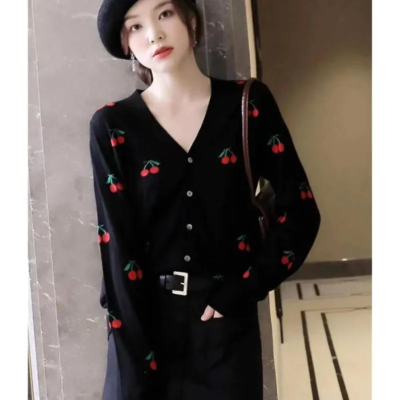 Flytonn-Fashion all-match embroidered cherry cashmere cardigan spring and Autumn women's new bottom sweater sweater loose wool coat