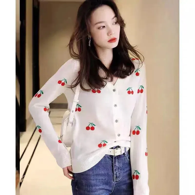 Flytonn-Fashion all-match embroidered cherry cashmere cardigan spring and Autumn women's new bottom sweater sweater loose wool coat