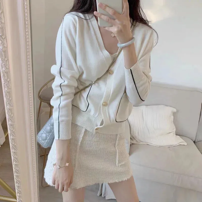 Flytonn- New knitted wool Cardigan Female Short Section Foundation sweater Autumn Winter V Neck Loose Show Thin Cashmere Coat