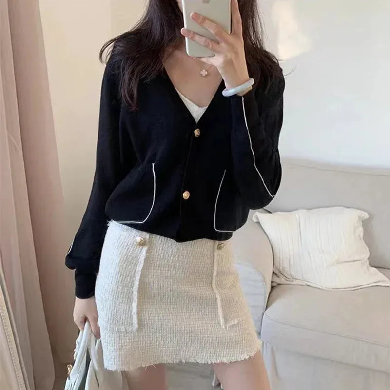 Flytonn- New knitted wool Cardigan Female Short Section Foundation sweater Autumn Winter V Neck Loose Show Thin Cashmere Coat