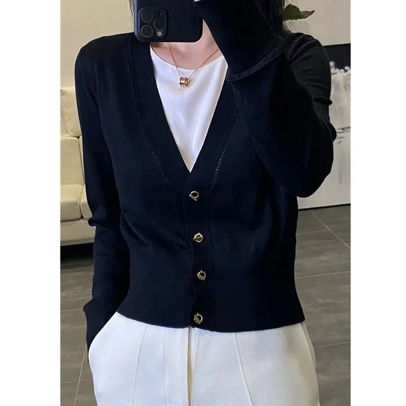 Flytonn-Temperament elegant knitted cashmere cardigan women's sweater thin spring and autumn V-neck loose thin short wool coat