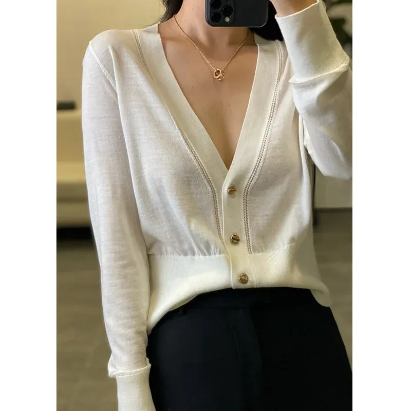 Flytonn-Temperament elegant knitted cashmere cardigan women's sweater thin spring and autumn V-neck loose thin short wool coat