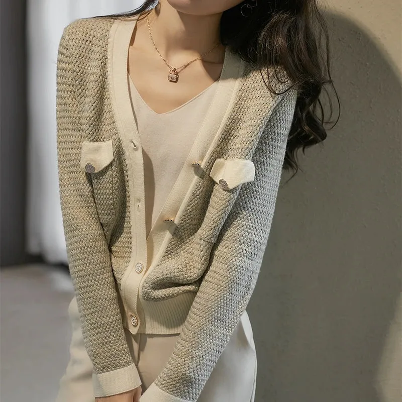 Flytonn-Temperament small fragrant wind cashmere knit cardigan female spring and autumn new V-neck jacket loose sweater thin wool coat