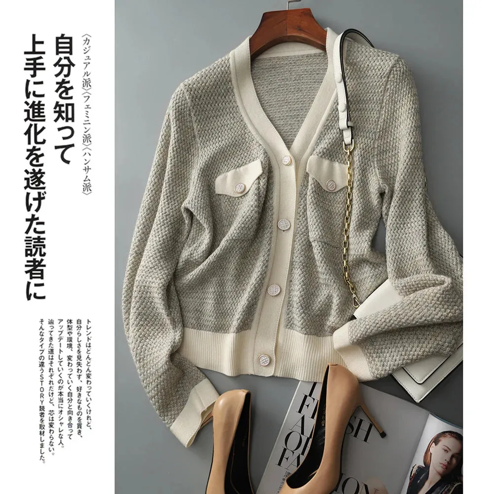 Flytonn-Temperament small fragrant wind cashmere knit cardigan female spring and autumn new V-neck jacket loose sweater thin wool coat