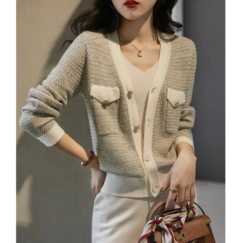 Flytonn-Temperament small fragrant wind cashmere knit cardigan female spring and autumn new V-neck jacket loose sweater thin wool coat