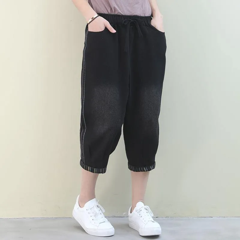 French pants plus size denim black elastic waist pockets pants