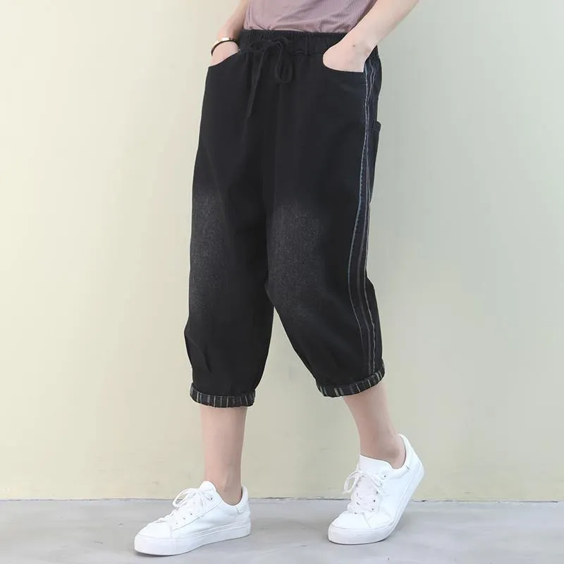 French pants plus size denim black elastic waist pockets pants