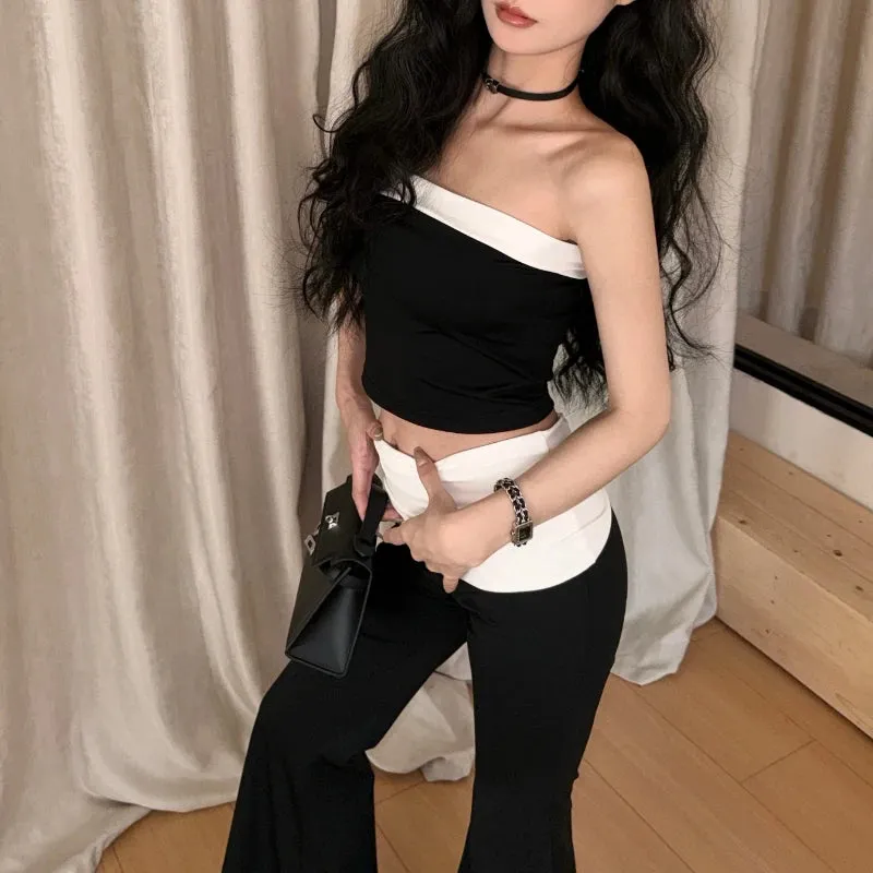 Girlary 2024 Summer New Korean Contrast Color Patchwork Sexy Backless Camisole Women   High Waist Casual Wide Leg Pants Two-piece Suit