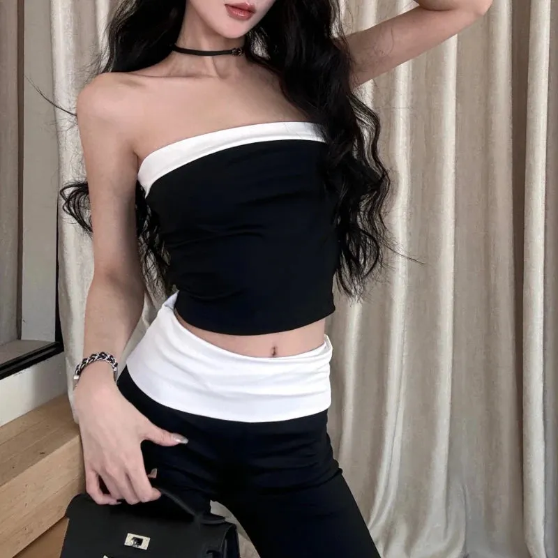 Girlary 2024 Summer New Korean Contrast Color Patchwork Sexy Backless Camisole Women   High Waist Casual Wide Leg Pants Two-piece Suit