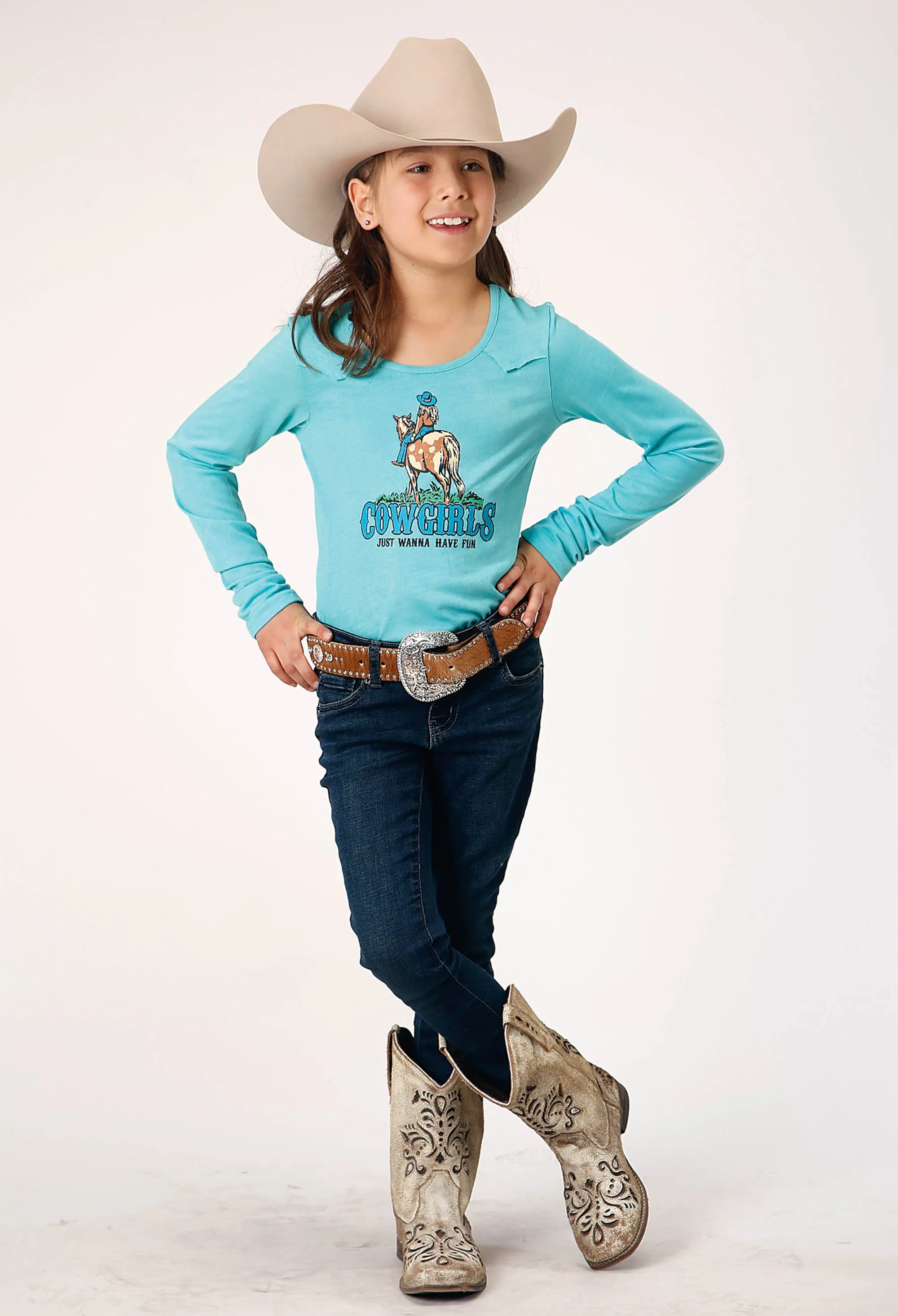 GIRLS LONG SLEEVE KNIT TURQUOISE POLY RAYON LONG SLEEVE  YOKE T T-SHIRT