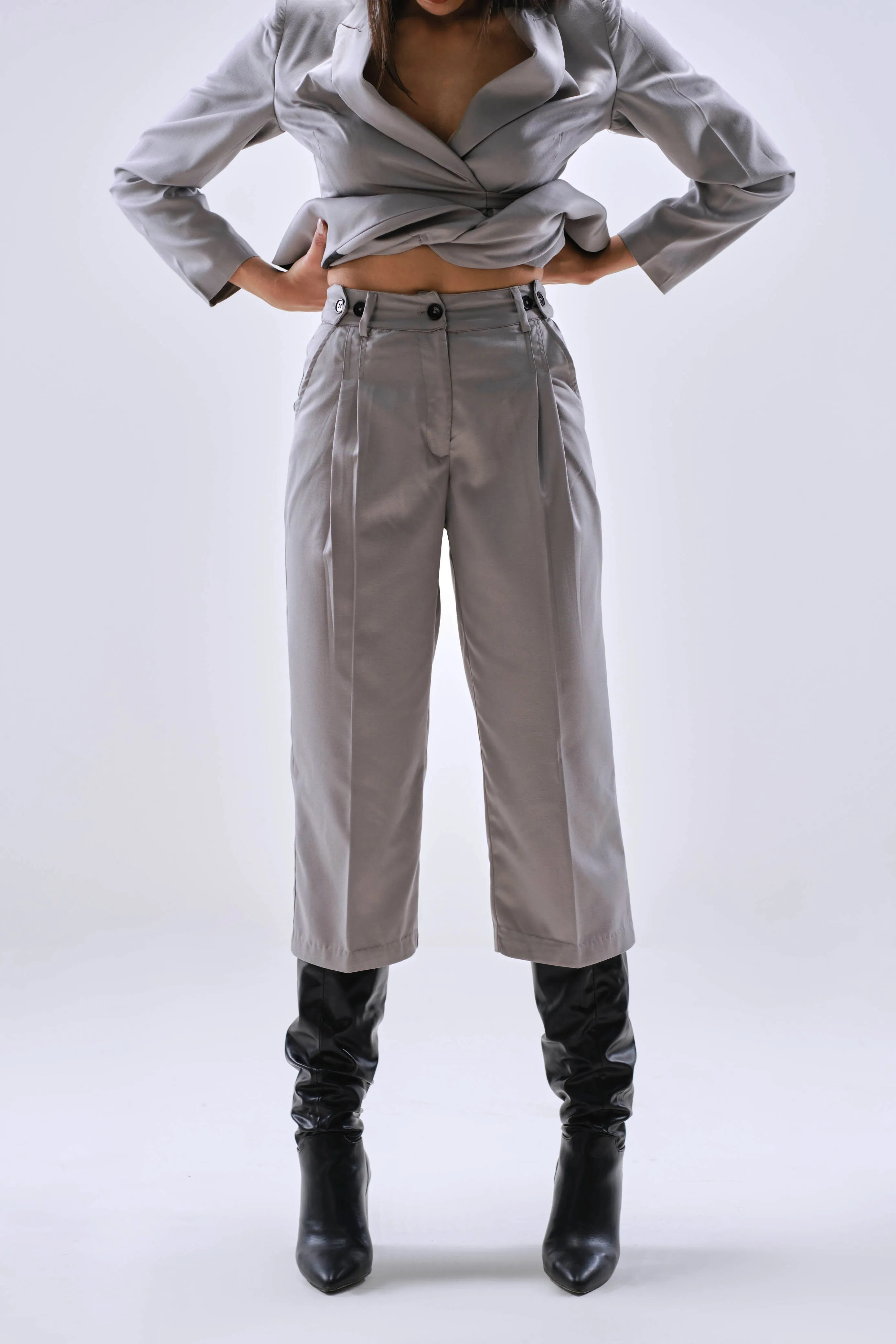 Grey Officewear Adjustable Pleated Culottes