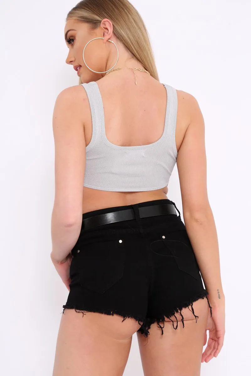 Grey Ribbed Stretchy Crop Top -Layna