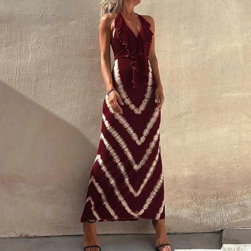 Halter Ruffled Slim Long Patterned Printed Sleeveless High Waist Beach Party Elegant Dress