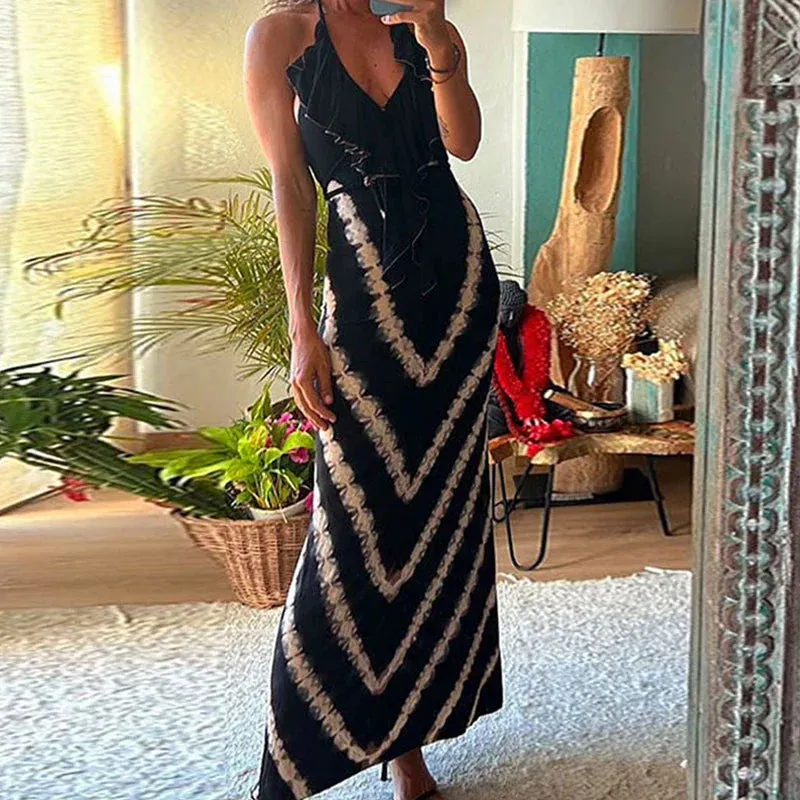 Halter Ruffled Slim Long Patterned Printed Sleeveless High Waist Beach Party Elegant Dress