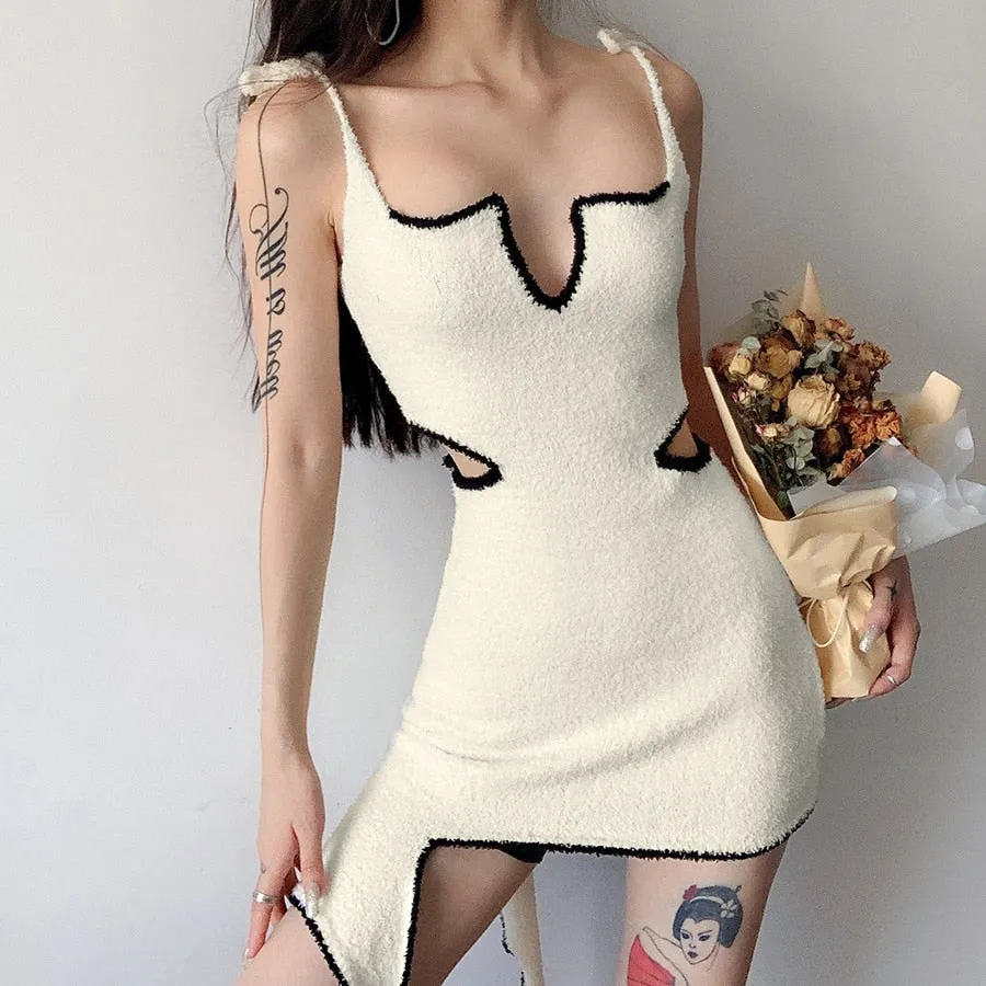 Hanging Neck Chain Stitching Brown Bear Cartoon Cute Girl Strapless Slim High Street All-Match Women's Knitting Dress