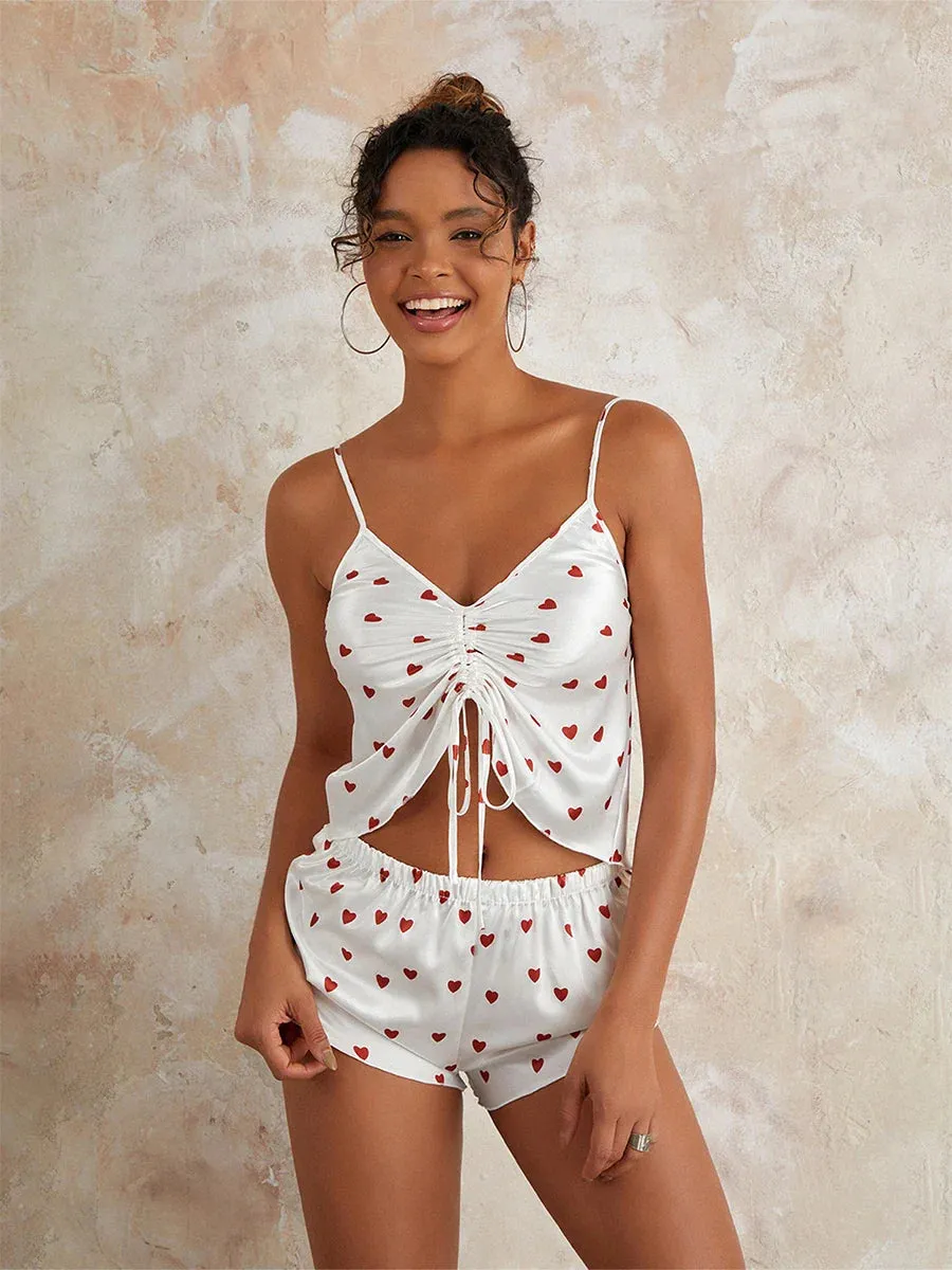 Heart Print Drawstring Camisole Tops Shorts Soft Loungewear Silk Pajamas