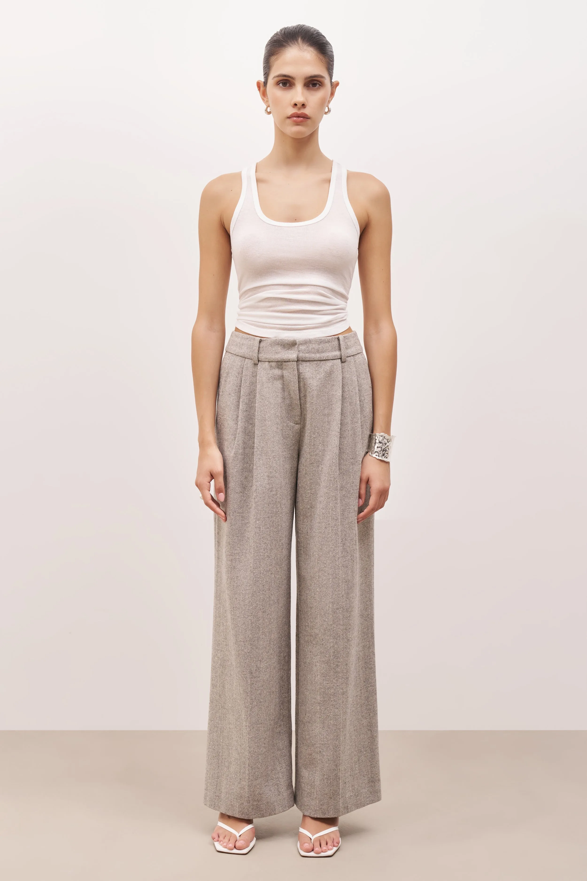 Herringbone Wide Leg Trousers - Herringbone