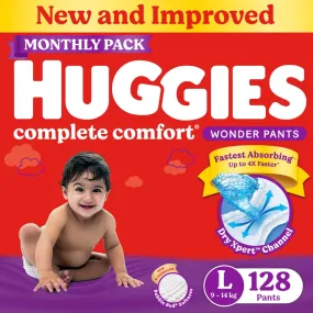 Huggies Complete Comfort Wonder Pants Large (L) Size (9-14 Kgs) Baby Diaper Pants, 128 count| India's Fastest Absorbing Diaper with upto 4x faster absorption | Unique Dry Xpert Channel