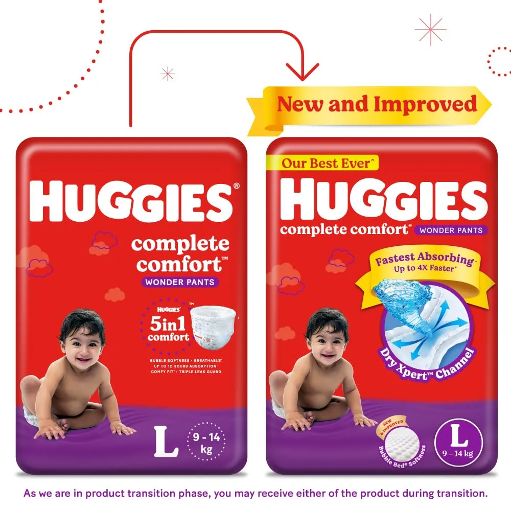 Huggies Complete Comfort Wonder Pants Large (L) Size (9-14 Kgs) Baby Diaper Pants, 128 count| India's Fastest Absorbing Diaper with upto 4x faster absorption | Unique Dry Xpert Channel