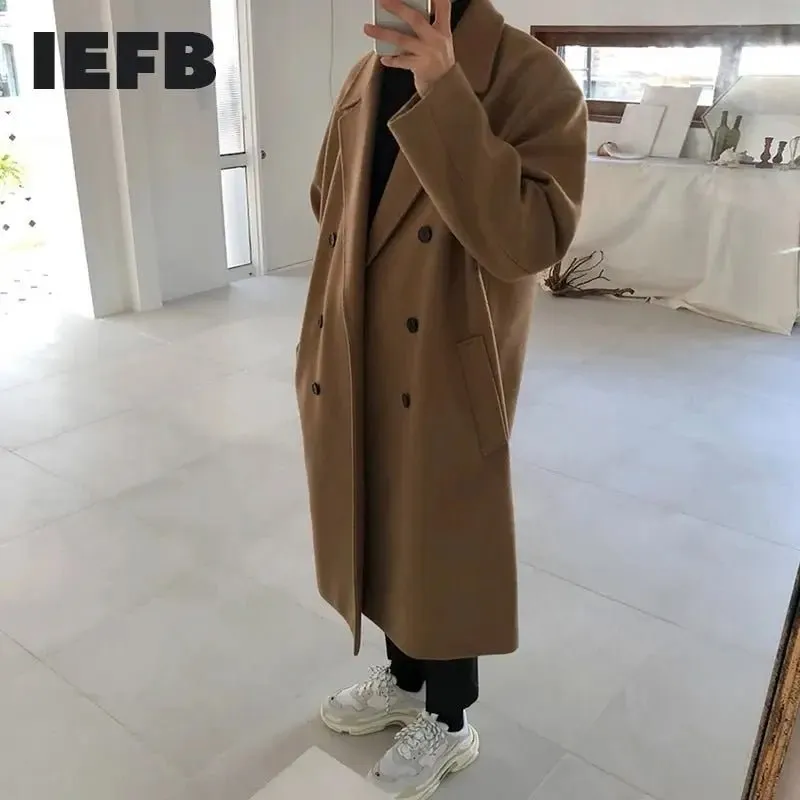 IEFB Autumn Winter Medium Length Coat Thickened Fashionable Woolen Coat Korean Loose Casual Double Breasted Clothes 9Y4774