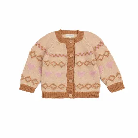 Intarsia Hearts Cardigan - Dusty Pink/Caramel