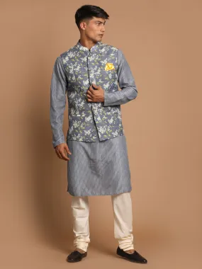 Jashvi Men's Grey Printed Nehru Jacket And kurta With Cream Pyjama Set