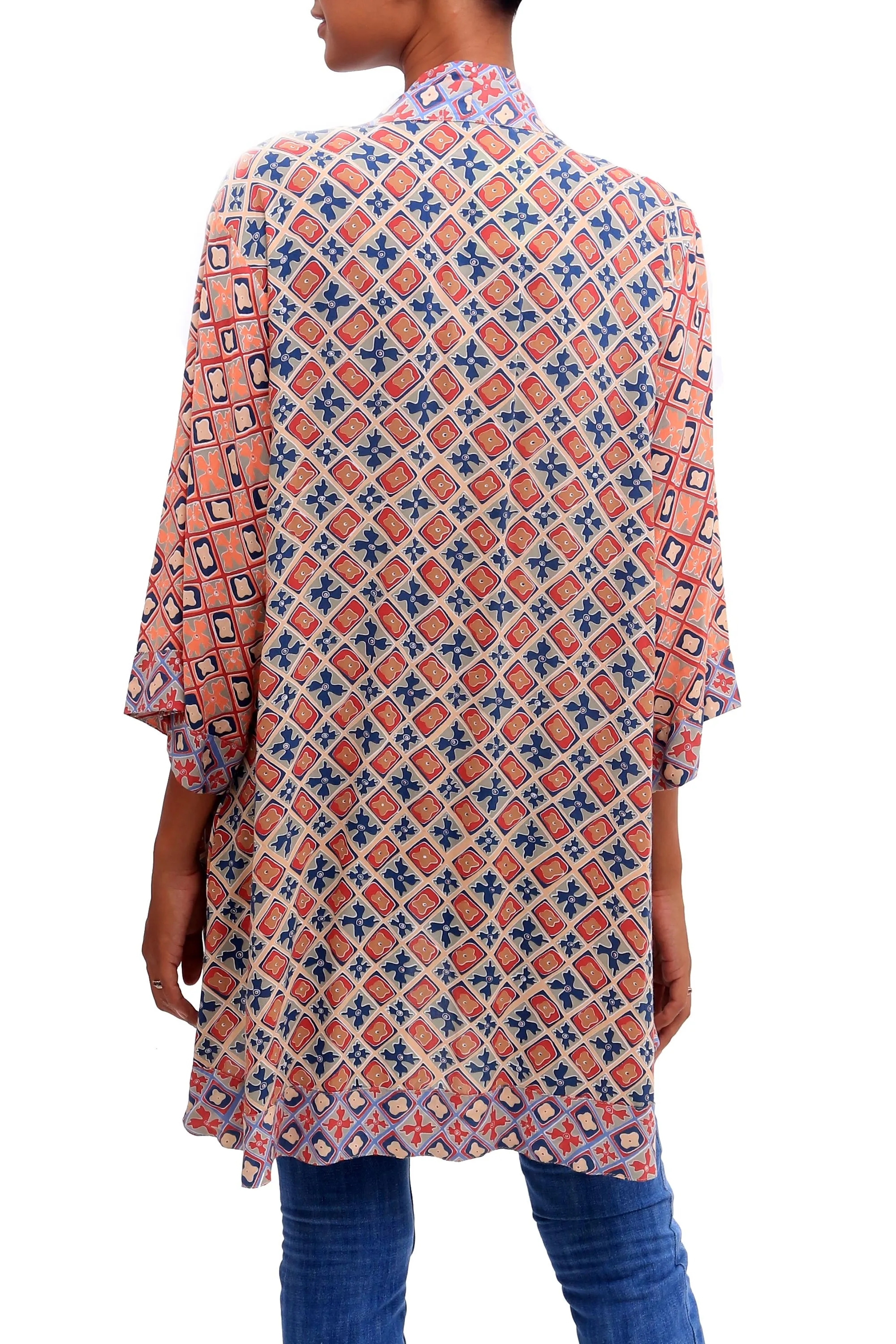 Kelud Crisscross Chili and Azure Printed Rayon Kimono from Bali