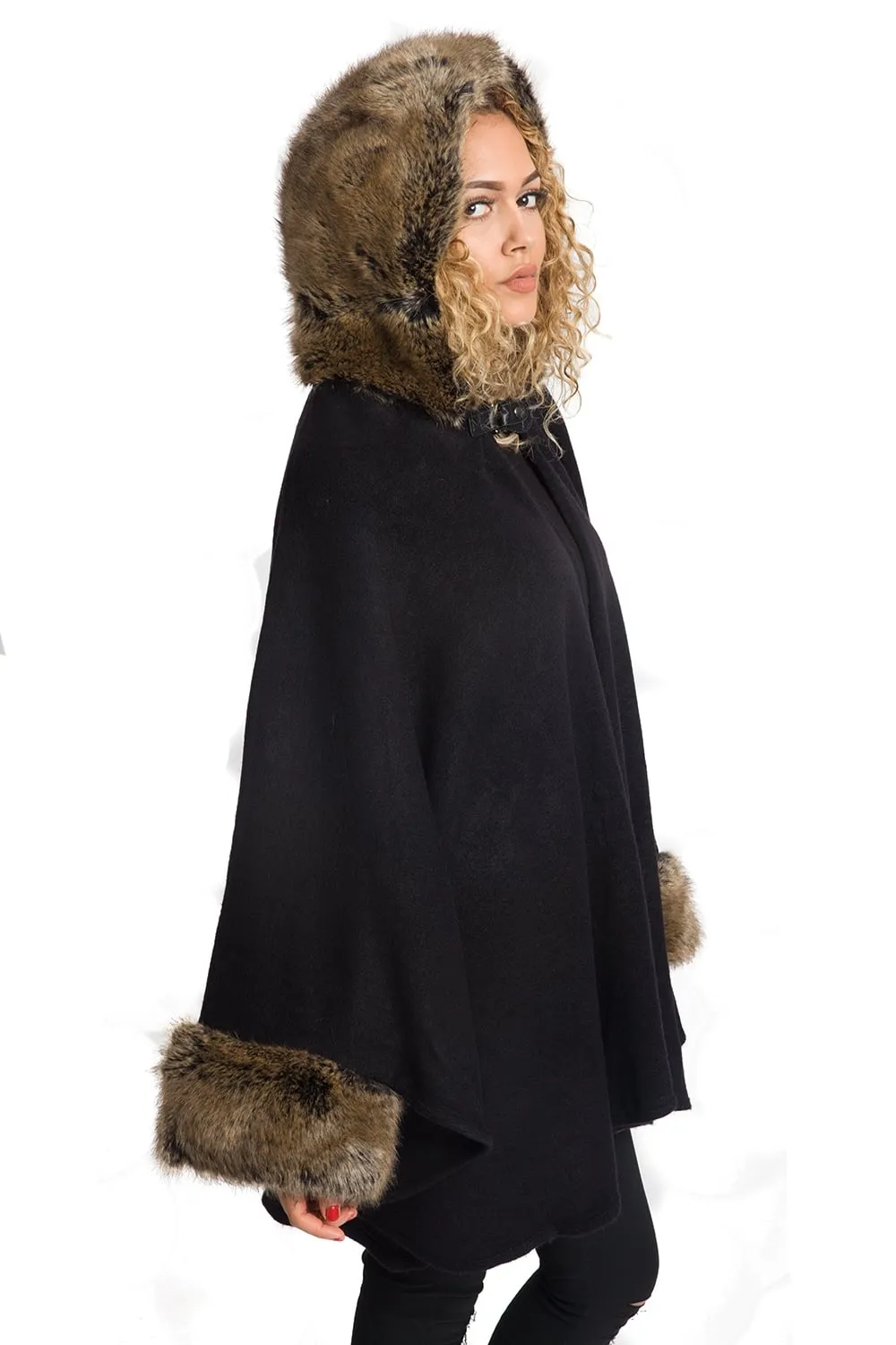 Knitted Faux Fur Trim Hooded Swing Poncho Cape