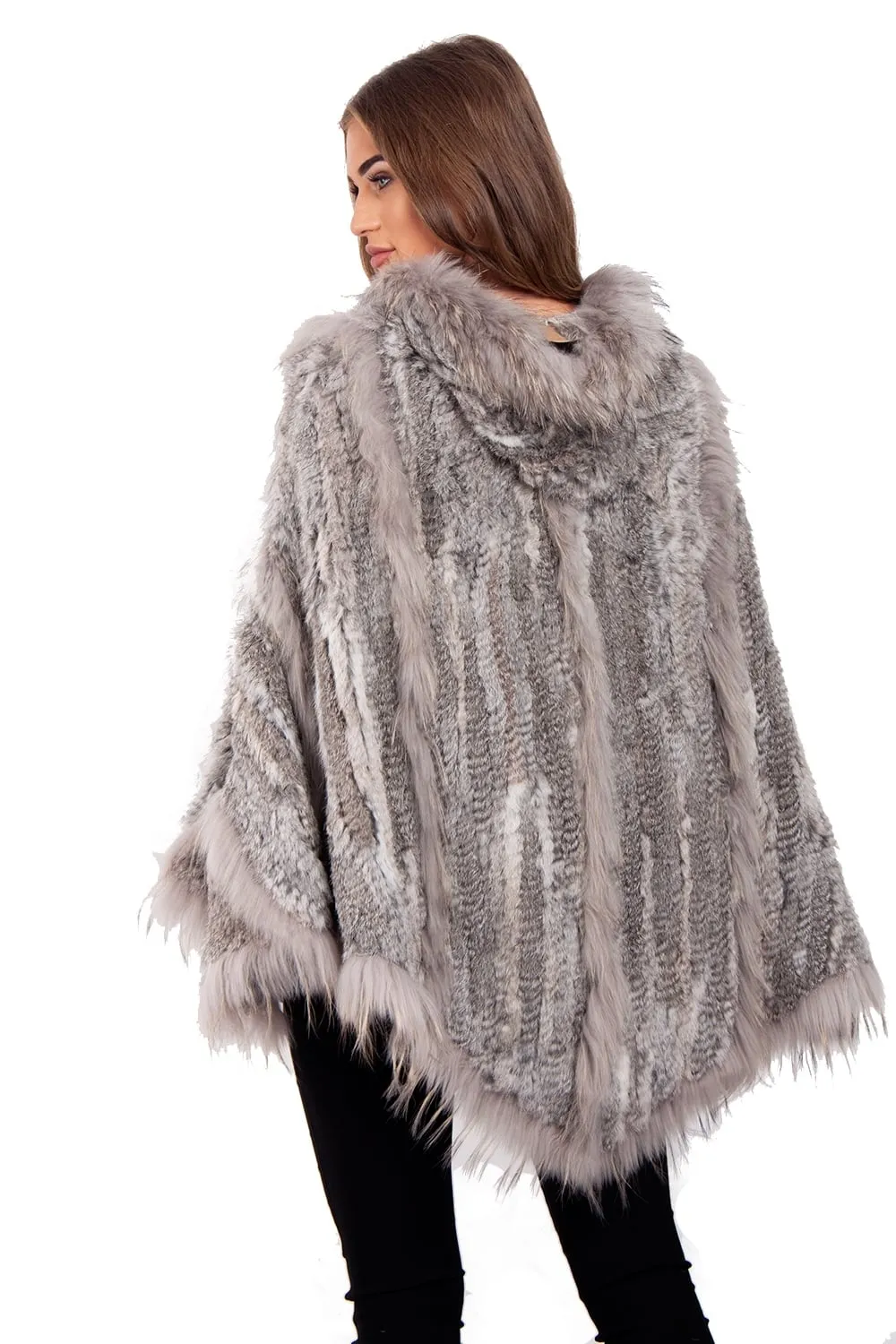 Knitted Rabbit Fur Hooded Swing Cape Poncho