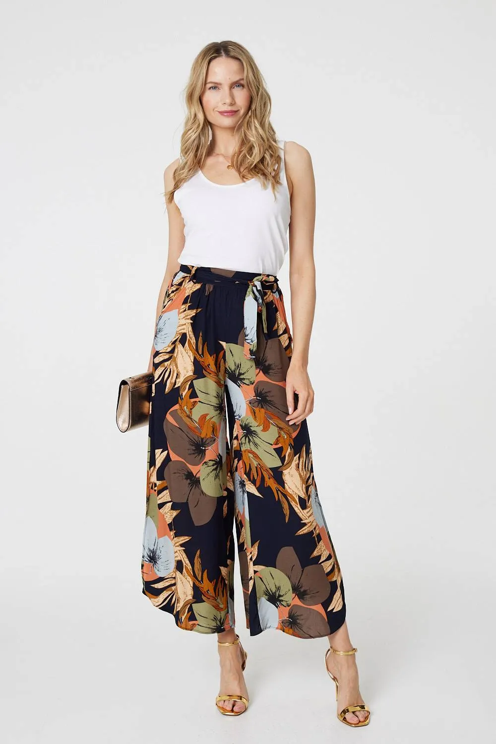 Leaf Print Tie Waist Split Leg Trousers