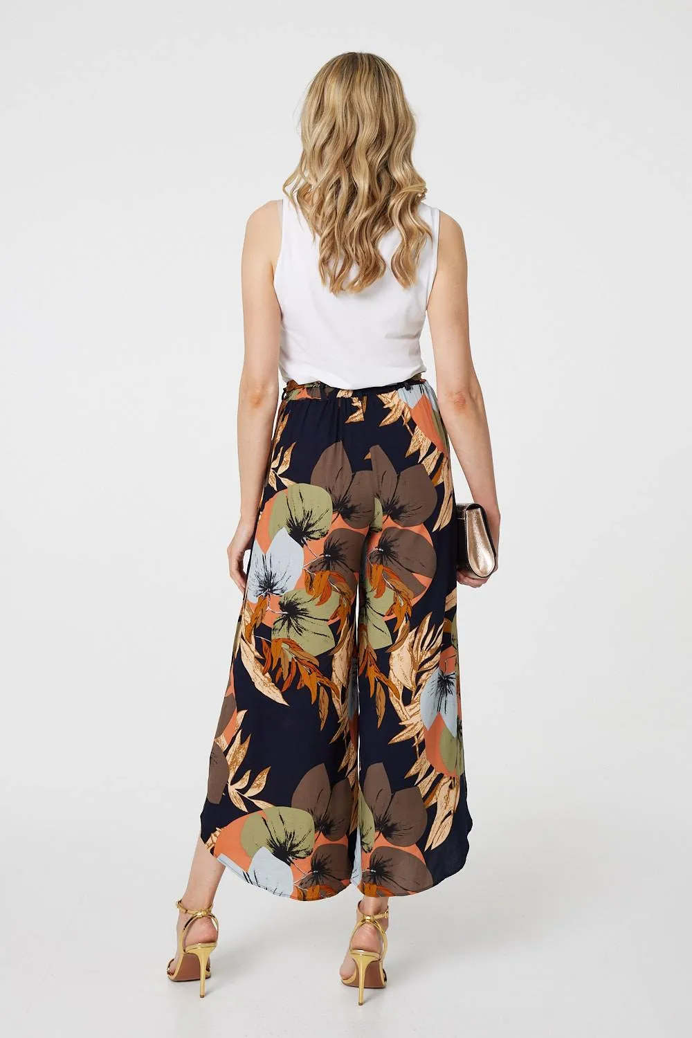 Leaf Print Tie Waist Split Leg Trousers