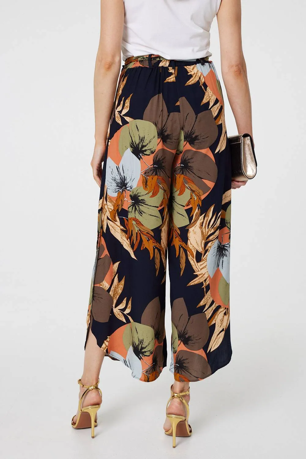 Leaf Print Tie Waist Split Leg Trousers