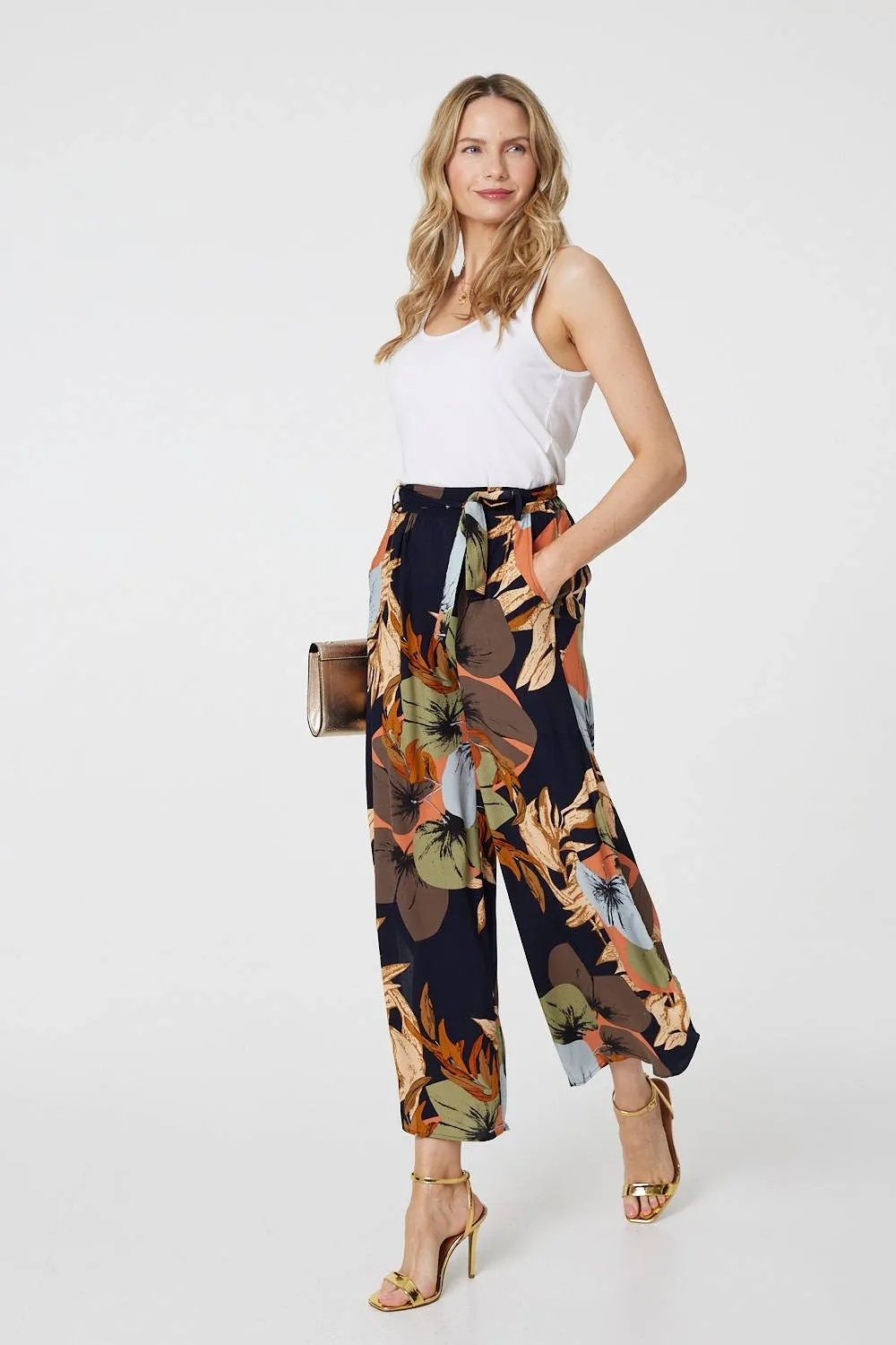 Leaf Print Tie Waist Split Leg Trousers