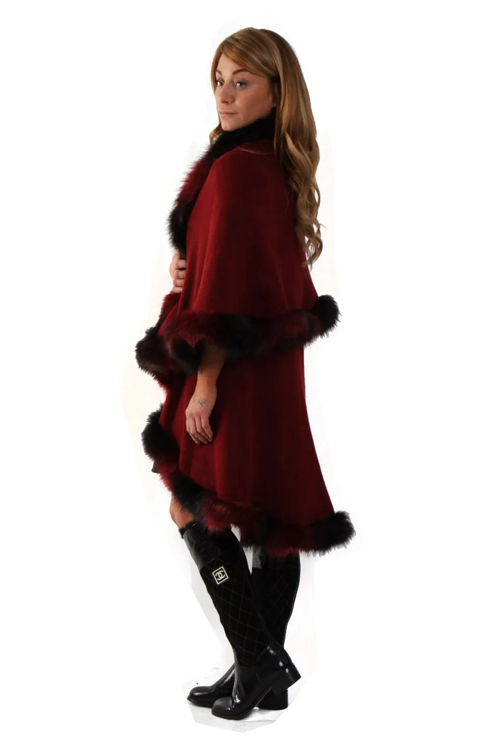 Luxurious Double Layered 2 Tones Faux Fur Cape with Leather Clasp