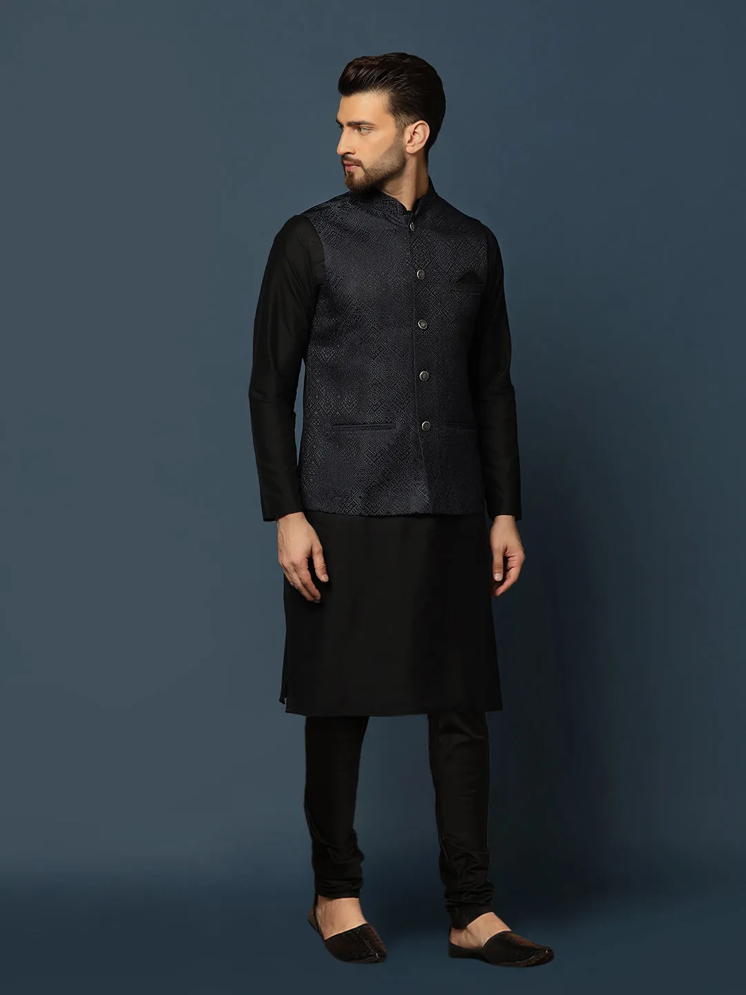 Men Navy Blue Textured Kurta Jacket Churidar Set