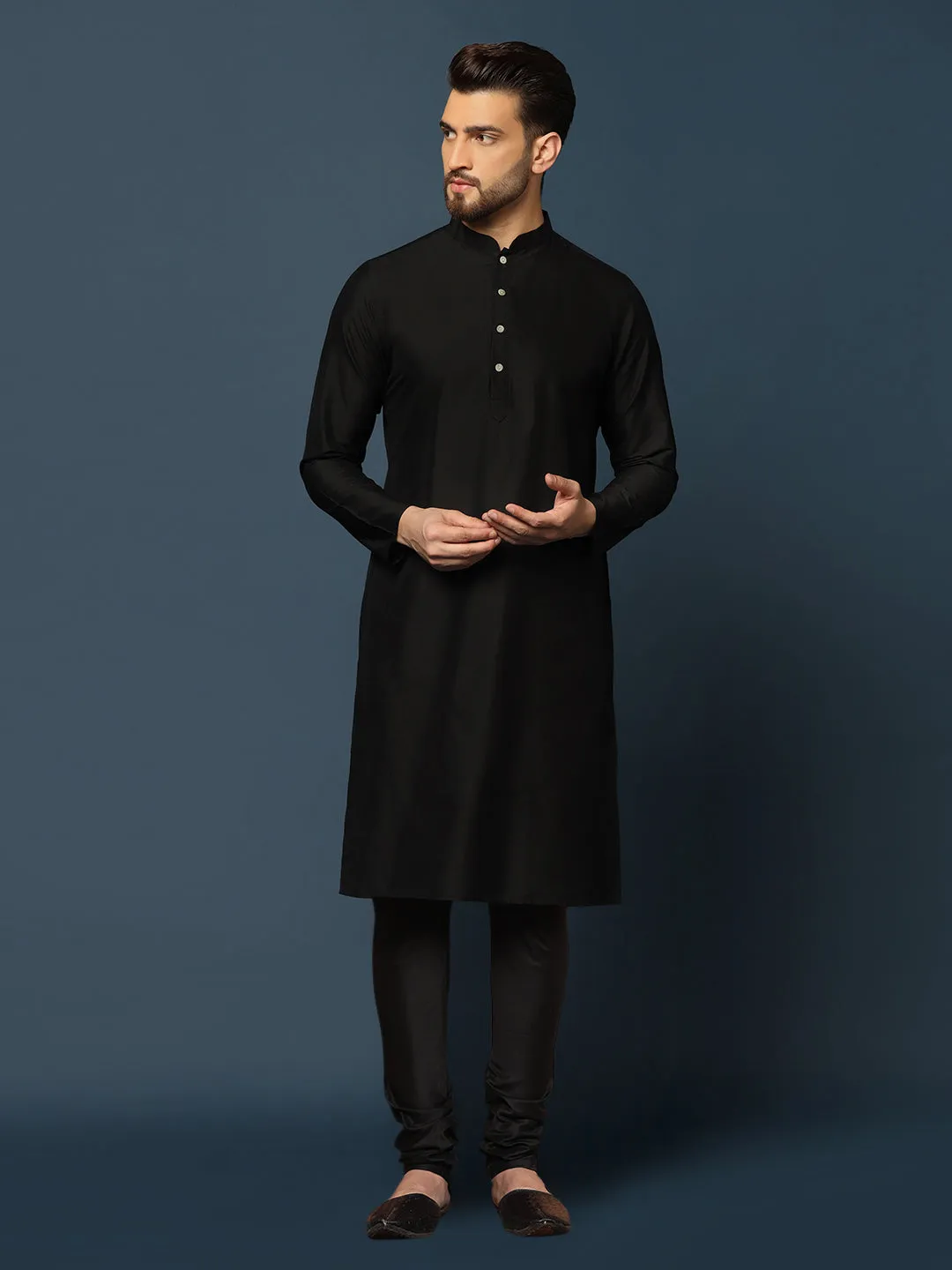 Men Navy Blue Textured Kurta Jacket Churidar Set