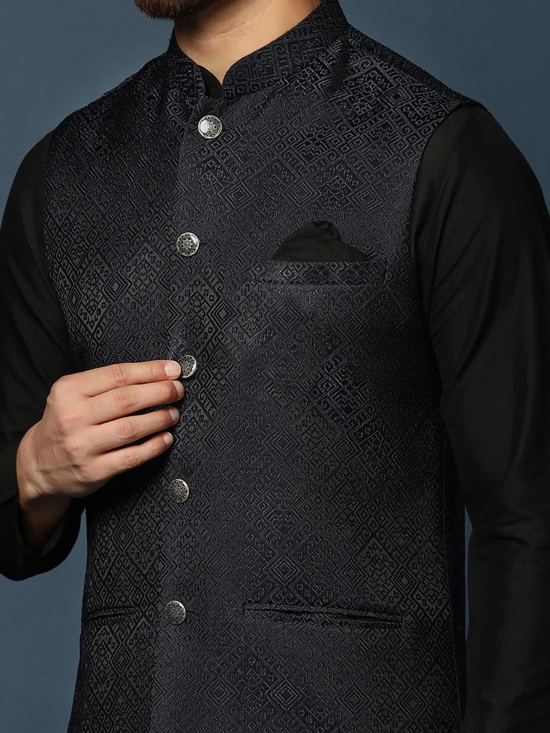 Men Navy Blue Textured Kurta Jacket Churidar Set