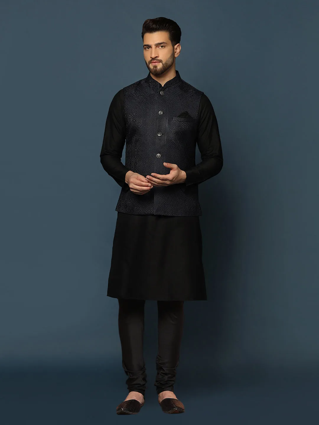 Men Navy Blue Textured Kurta Jacket Churidar Set