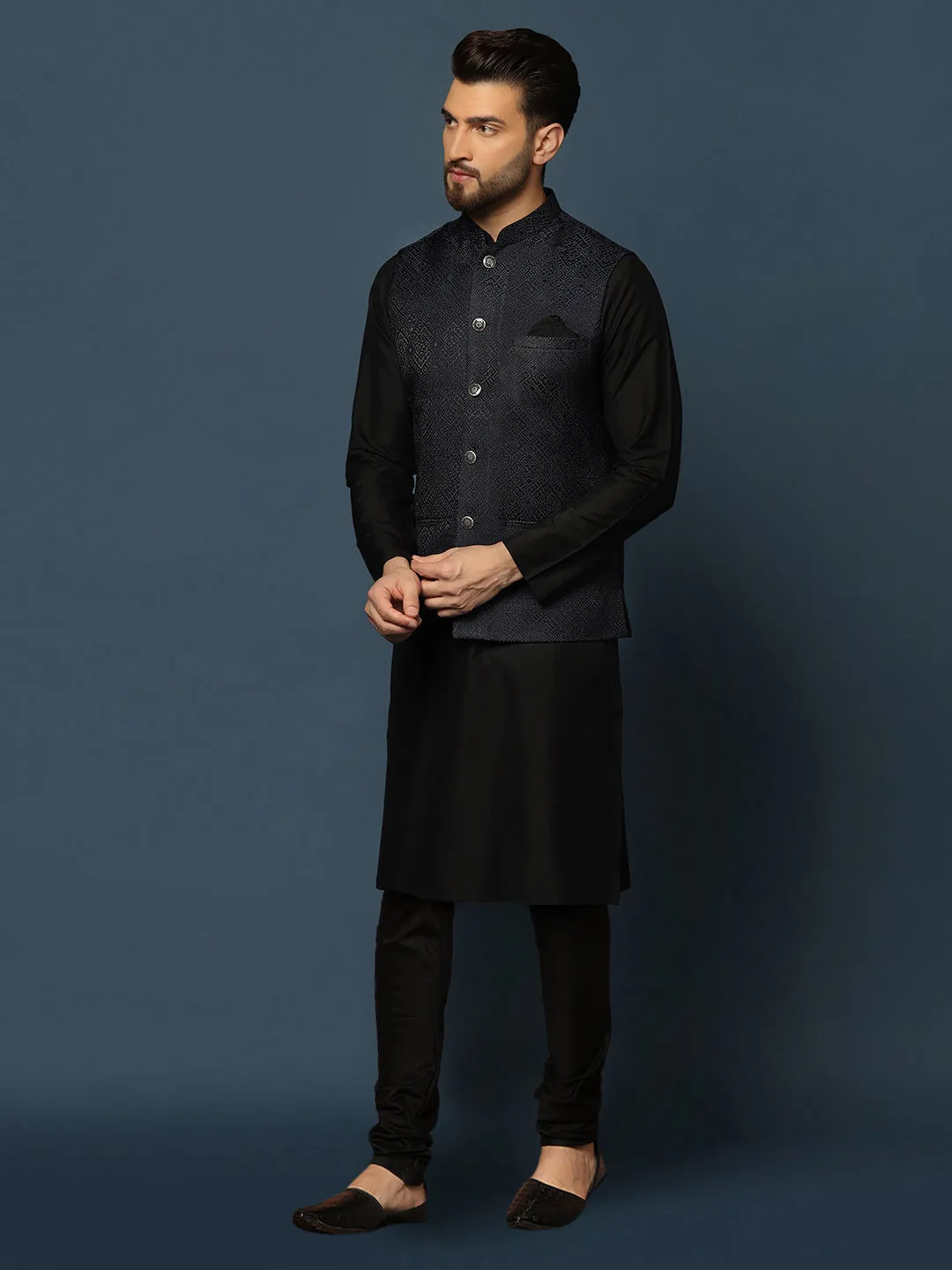 Men Navy Blue Textured Kurta Jacket Churidar Set