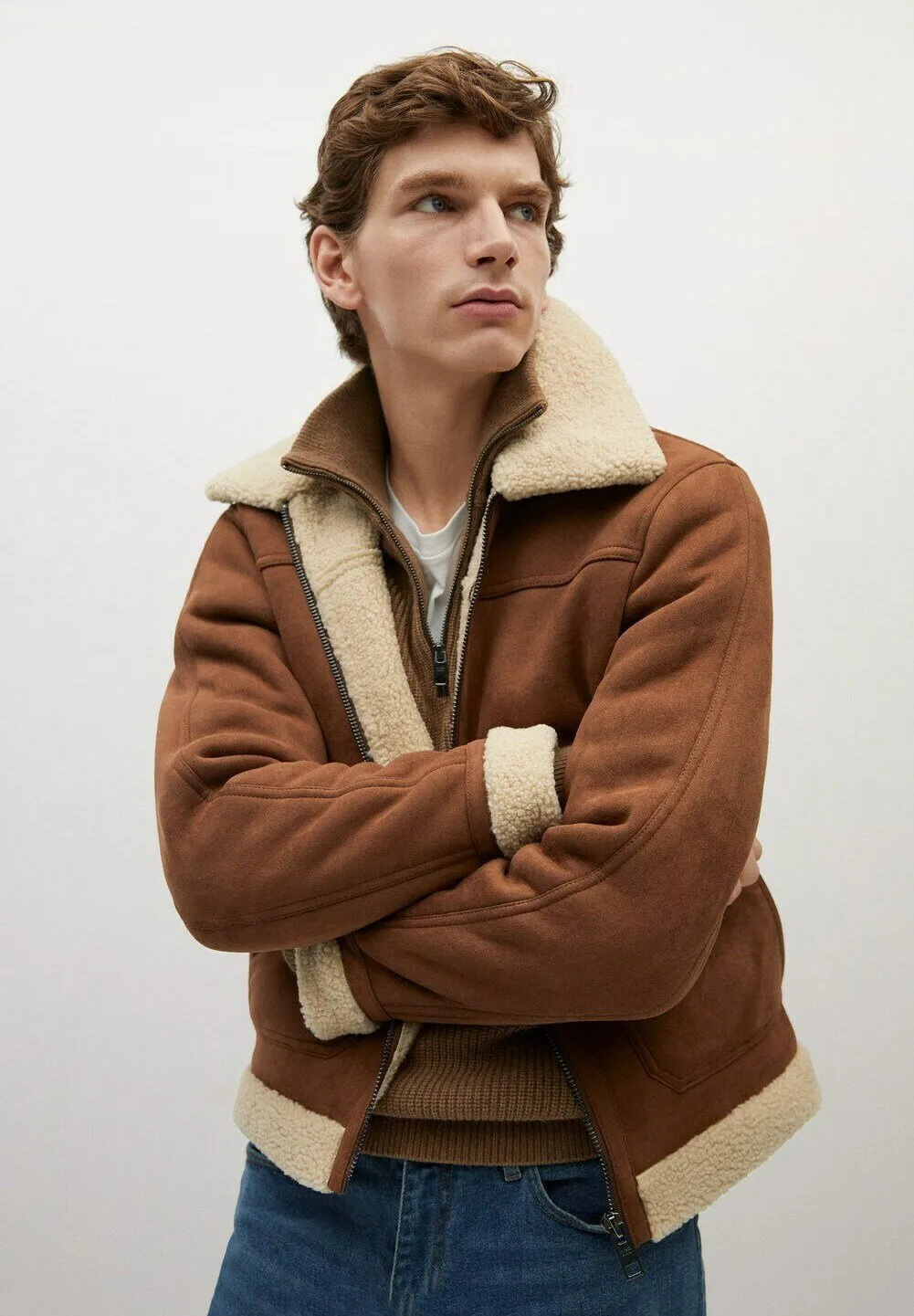 Men's Aviator Tan Brown Leather Shearling Jacket